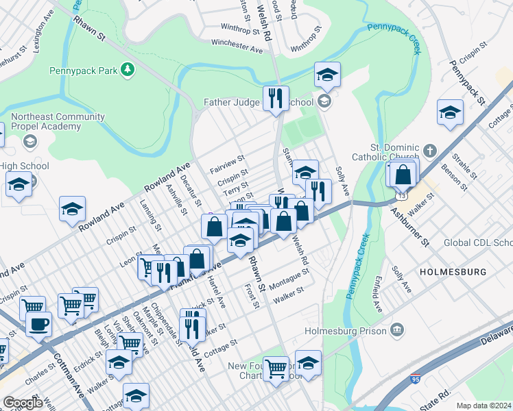 map of restaurants, bars, coffee shops, grocery stores, and more near Moro Street in Philadelphia