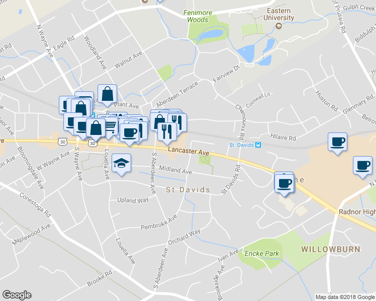 map of restaurants, bars, coffee shops, grocery stores, and more near 384 Lancaster Avenue in Wayne