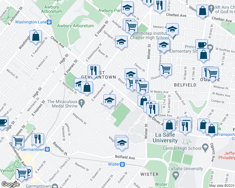 map of restaurants, bars, coffee shops, grocery stores, and more near 5533 Crowson Street in Philadelphia