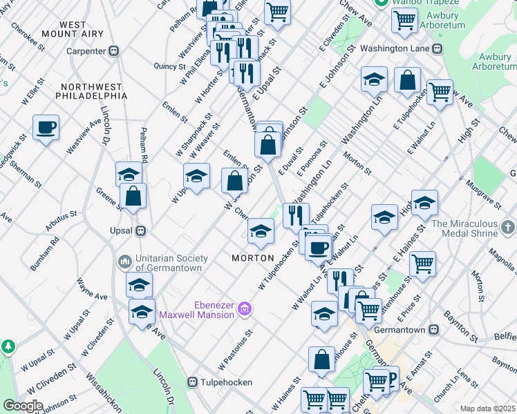 map of restaurants, bars, coffee shops, grocery stores, and more near 54 West Duval Street in Philadelphia