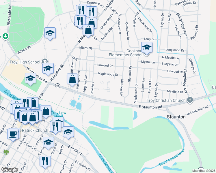 map of restaurants, bars, coffee shops, grocery stores, and more near 580 Staunton Commons Drive in Troy