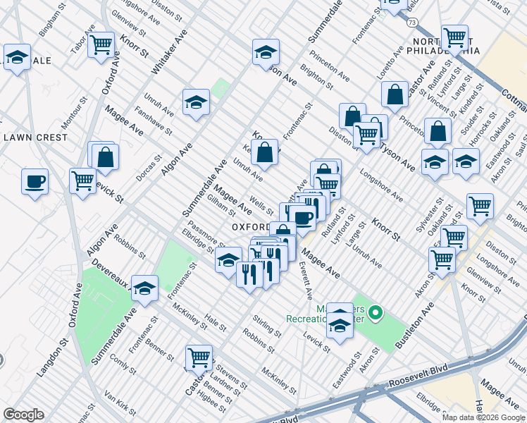 map of restaurants, bars, coffee shops, grocery stores, and more near 1343 Fanshawe Street in Philadelphia