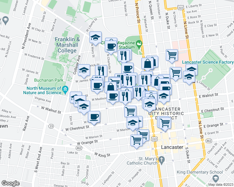 map of restaurants, bars, coffee shops, grocery stores, and more near 336 West Lemon Street in Lancaster