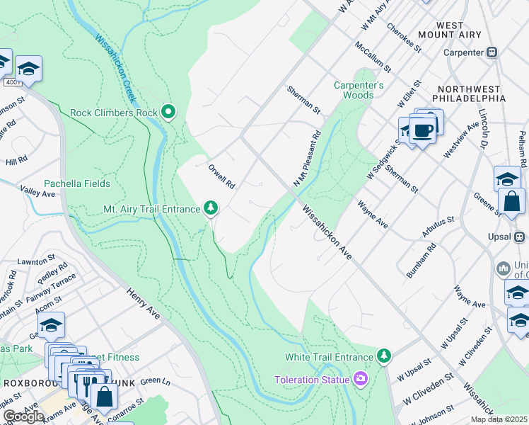 map of restaurants, bars, coffee shops, grocery stores, and more near 7100 North Mount Pleasant Place in Philadelphia