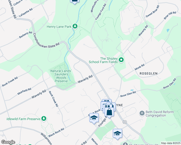 map of restaurants, bars, coffee shops, grocery stores, and more near 504 Conshohocken State Road in Gladwyne