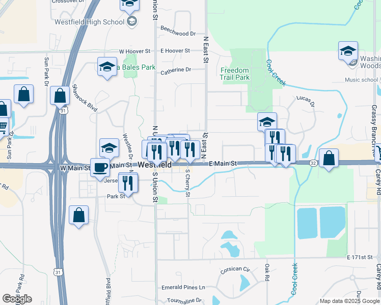 map of restaurants, bars, coffee shops, grocery stores, and more near 140 North Cherry Street in Westfield