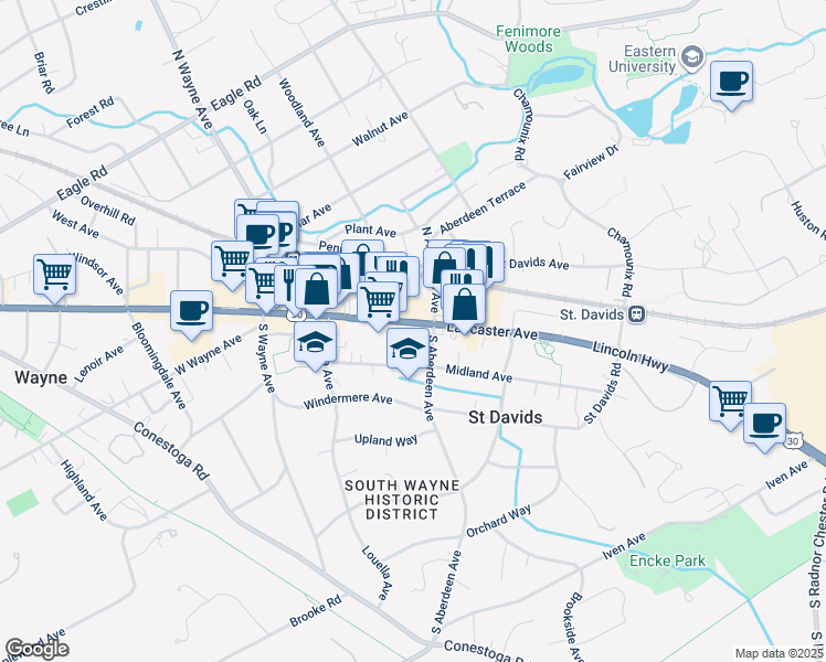 map of restaurants, bars, coffee shops, grocery stores, and more near 240 East Lancaster Avenue in Wayne
