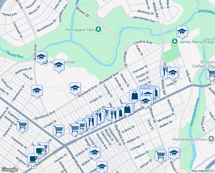 map of restaurants, bars, coffee shops, grocery stores, and more near 3325 Lansing Street in Philadelphia