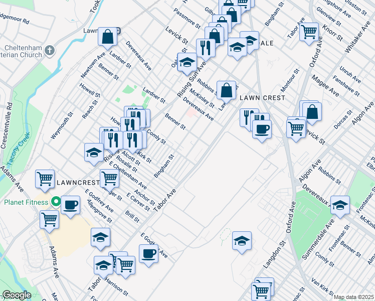 map of restaurants, bars, coffee shops, grocery stores, and more near 6032 Lawndale Avenue in Philadelphia