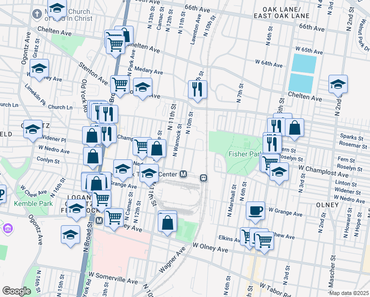 map of restaurants, bars, coffee shops, grocery stores, and more near N 10th St & W Champlost Ave in Philadelphia