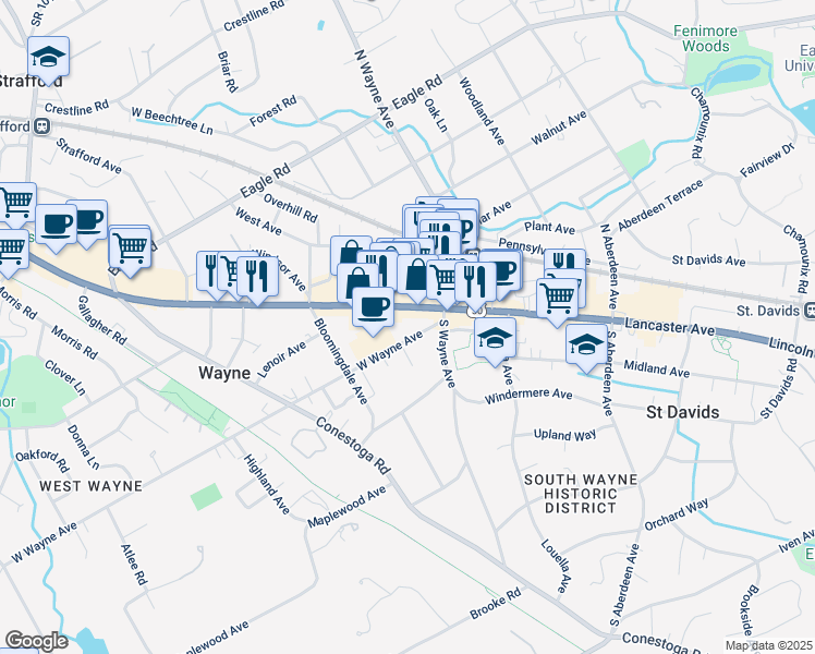map of restaurants, bars, coffee shops, grocery stores, and more near 117 West Wayne Avenue in Wayne