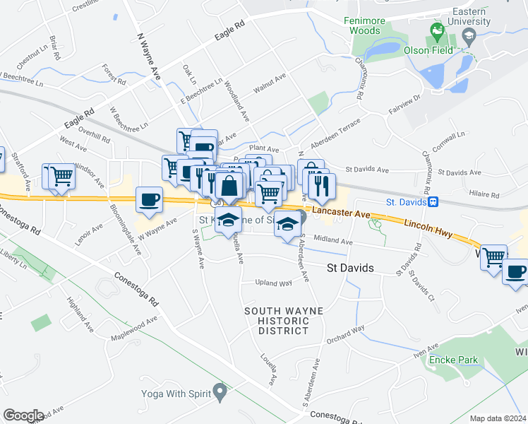 map of restaurants, bars, coffee shops, grocery stores, and more near 216 Lancaster Avenue in Wayne