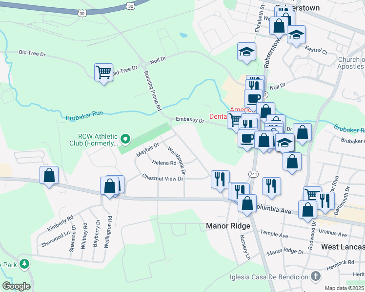 map of restaurants, bars, coffee shops, grocery stores, and more near 114 Running Pump Road in Lancaster