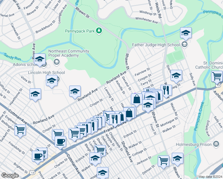 map of restaurants, bars, coffee shops, grocery stores, and more near 3330 Hartel Avenue in Philadelphia