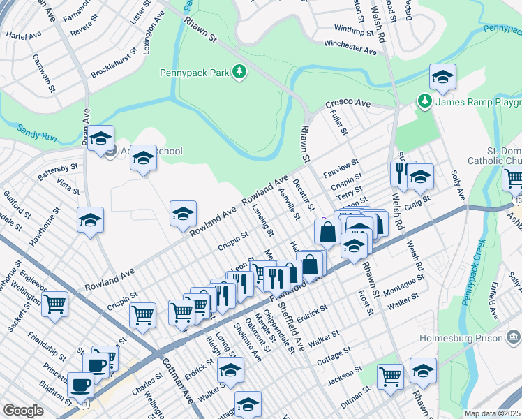 map of restaurants, bars, coffee shops, grocery stores, and more near 3325 Lansing Street in Philadelphia