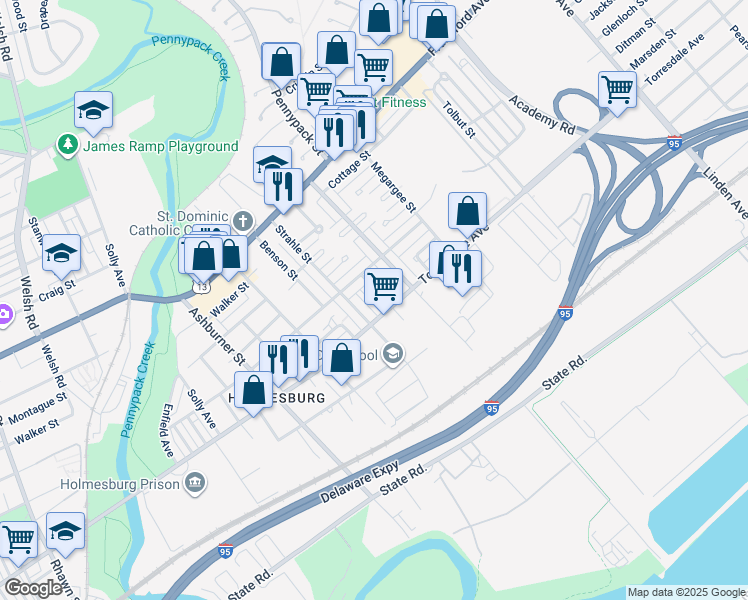 map of restaurants, bars, coffee shops, grocery stores, and more near 4630 Kendrick Street in Philadelphia