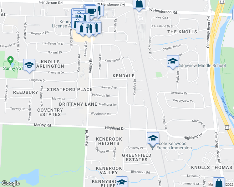 map of restaurants, bars, coffee shops, grocery stores, and more near 977 Kenley Avenue in Columbus