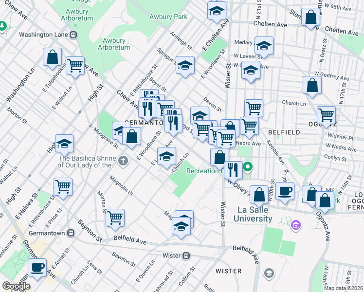 map of restaurants, bars, coffee shops, grocery stores, and more near 5533 Crowson Street in Philadelphia