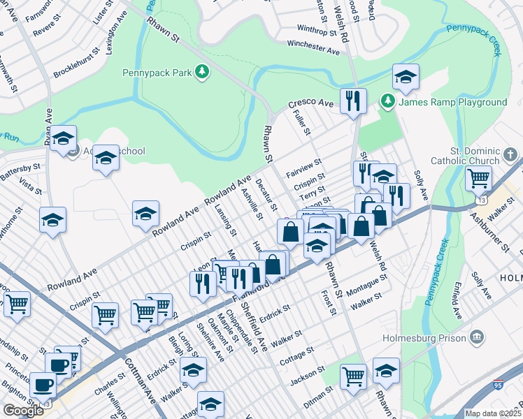 map of restaurants, bars, coffee shops, grocery stores, and more near 3403 Ashville Street in Philadelphia