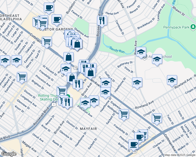 map of restaurants, bars, coffee shops, grocery stores, and more near 2906 Teesdale Street in Philadelphia