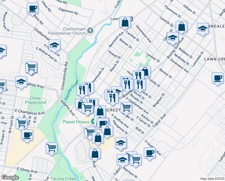 map of restaurants, bars, coffee shops, grocery stores, and more near 412 East Cheltenham Avenue in Philadelphia