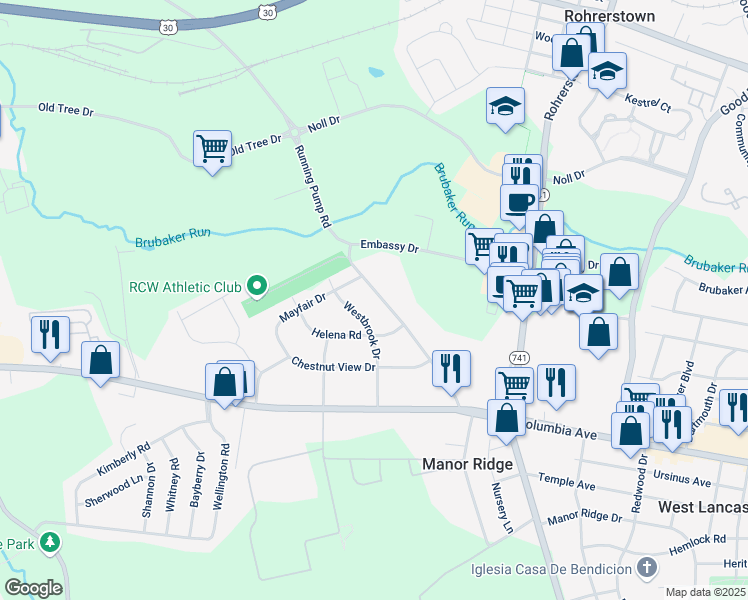 map of restaurants, bars, coffee shops, grocery stores, and more near 114 Running Pump Road in Lancaster