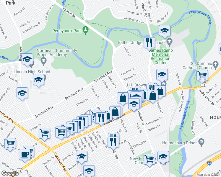 map of restaurants, bars, coffee shops, grocery stores, and more near 3403 Ashville Street in Philadelphia
