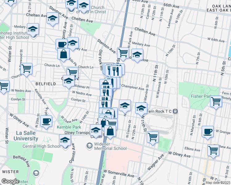 map of restaurants, bars, coffee shops, grocery stores, and more near 5933 Old York Road in Philadelphia