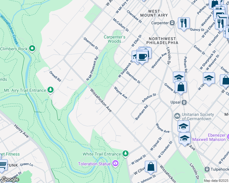 map of restaurants, bars, coffee shops, grocery stores, and more near 6904 Wayne Avenue in Philadelphia