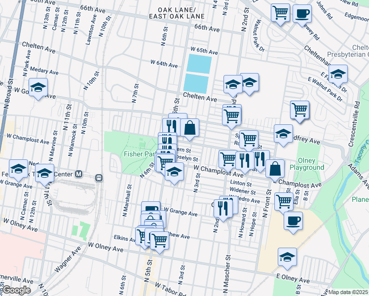 map of restaurants, bars, coffee shops, grocery stores, and more near 419 Fern Street in Philadelphia