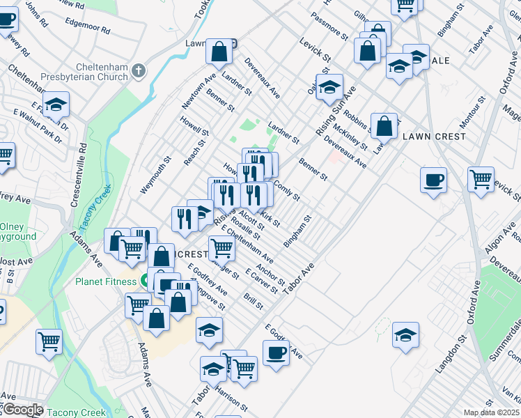 map of restaurants, bars, coffee shops, grocery stores, and more near 5900 Colgate Street in Philadelphia