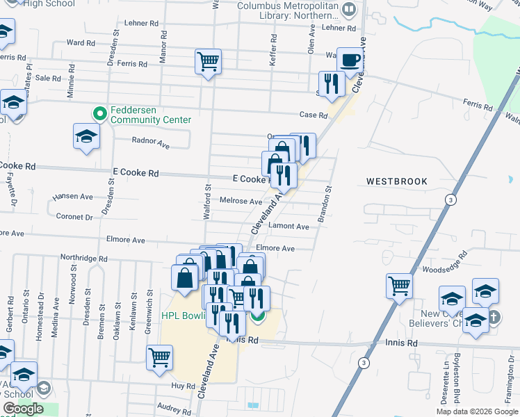 map of restaurants, bars, coffee shops, grocery stores, and more near 3685 Cleveland Avenue in Columbus