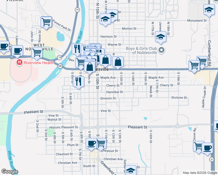 map of restaurants, bars, coffee shops, grocery stores, and more near 1194 Cherry Street in Noblesville