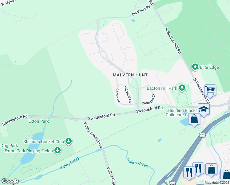 map of restaurants, bars, coffee shops, grocery stores, and more near 22 Corbin Drive in Exton