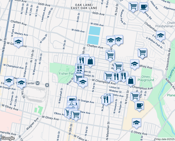 map of restaurants, bars, coffee shops, grocery stores, and more near 419 Fern Street in Philadelphia