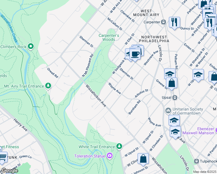 map of restaurants, bars, coffee shops, grocery stores, and more near 6904 Wayne Avenue in Philadelphia