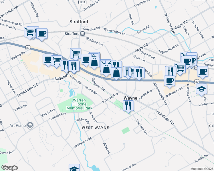 map of restaurants, bars, coffee shops, grocery stores, and more near 100 Conestoga Road in Wayne