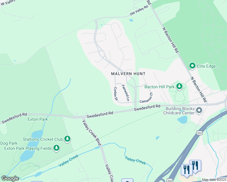 map of restaurants, bars, coffee shops, grocery stores, and more near 22 Corbin Drive in Exton
