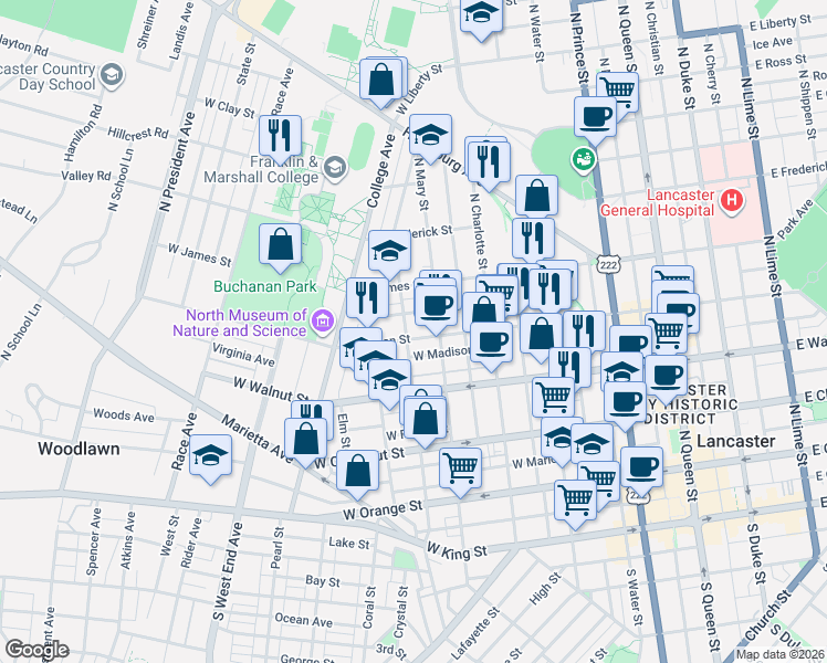 map of restaurants, bars, coffee shops, grocery stores, and more near 423 North Pine Street in Lancaster