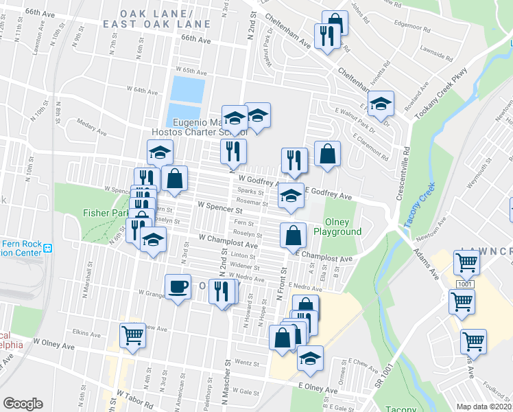 map of restaurants, bars, coffee shops, grocery stores, and more near 142 Rosemar Street in Philadelphia