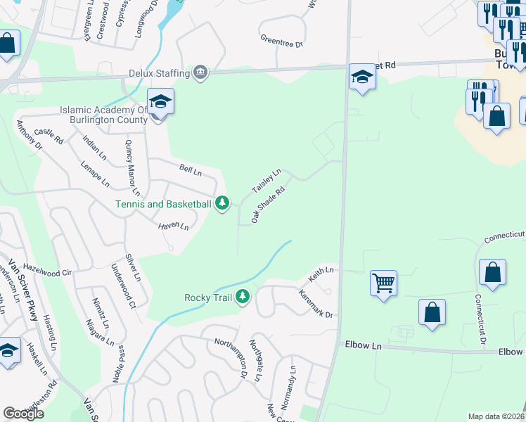 map of restaurants, bars, coffee shops, grocery stores, and more near 12 Oak Shade Road in Burlington