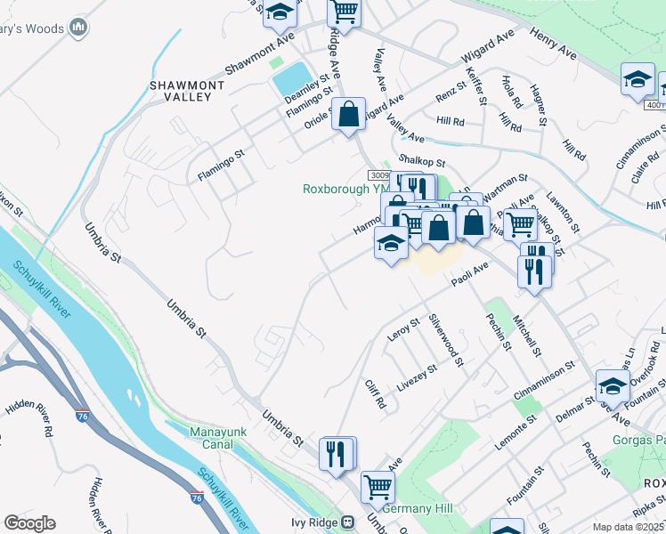 map of restaurants, bars, coffee shops, grocery stores, and more near 7201 Fowler Street in Philadelphia