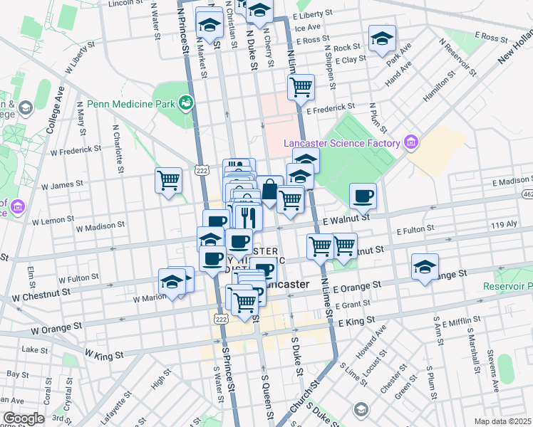 map of restaurants, bars, coffee shops, grocery stores, and more near 342 North Duke Street in Lancaster