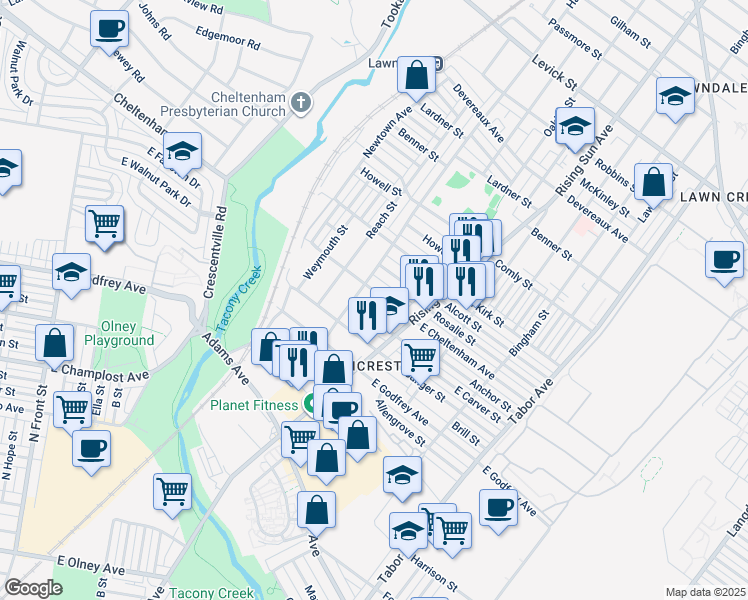 map of restaurants, bars, coffee shops, grocery stores, and more near 412 East Cheltenham Avenue in Philadelphia