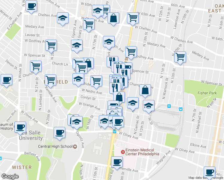 map of restaurants, bars, coffee shops, grocery stores, and more near 1424 Widener Place in Philadelphia