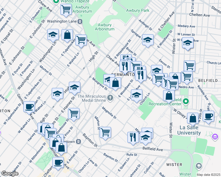 map of restaurants, bars, coffee shops, grocery stores, and more near 611 East Chelten Avenue in Philadelphia