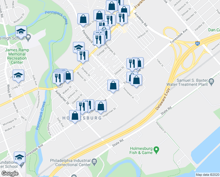 map of restaurants, bars, coffee shops, grocery stores, and more near 8617 Ditman Street in Philadelphia