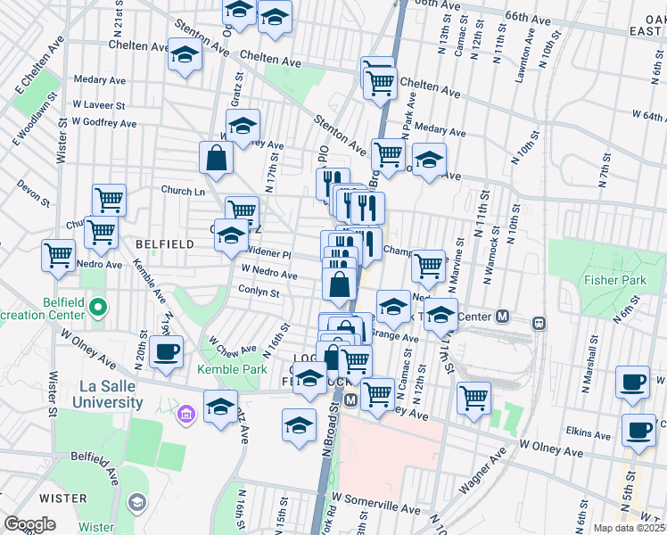 map of restaurants, bars, coffee shops, grocery stores, and more near 1424 Widener Place in Philadelphia
