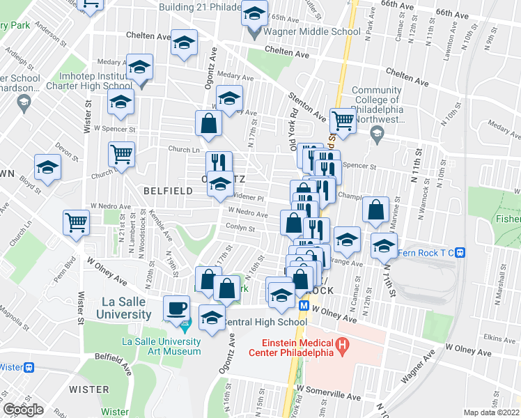 map of restaurants, bars, coffee shops, grocery stores, and more near 1600 Widener Place in Philadelphia
