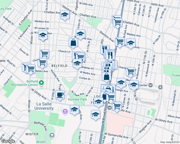 map of restaurants, bars, coffee shops, grocery stores, and more near 1600 Widener Place in Philadelphia